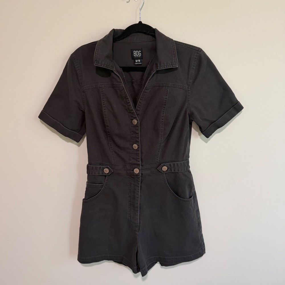 BDG Urban Outfitters Dark Grey Denim Short Sleeve Button Front Utility Romper M